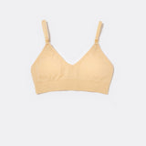 SASSH Essential Bralette in Beige, front view, V-neck triangle style with ribbed underband and bow strap detail
