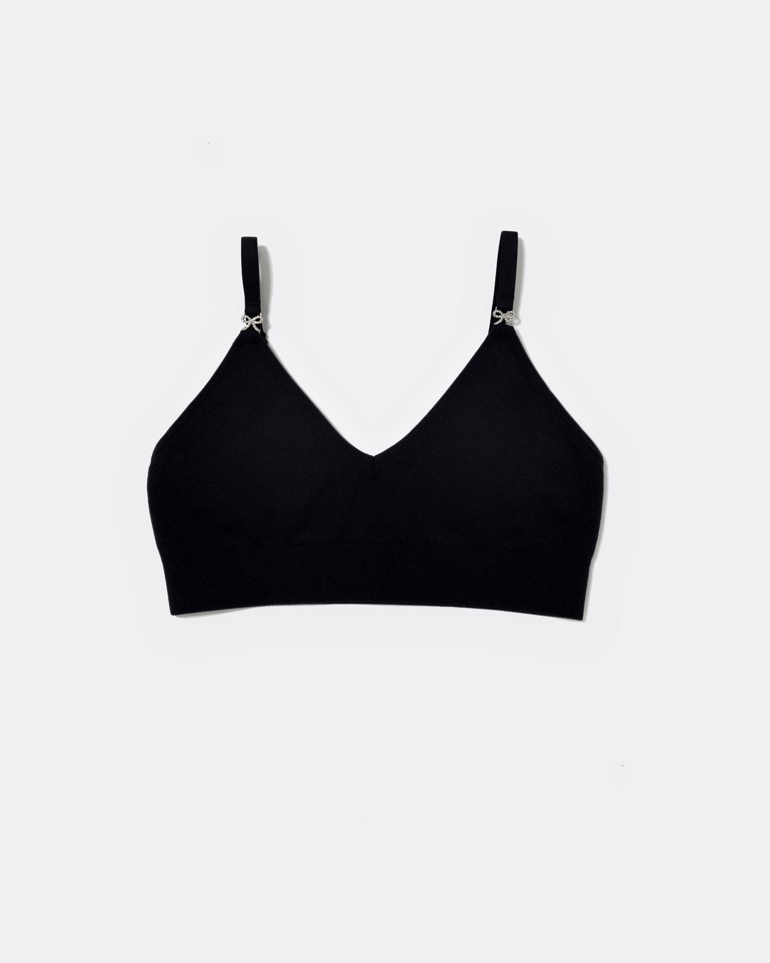 SASSH Essential Bralette in Black, front view, V-neck triangle style with ribbed underband and bow strap detail