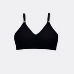 SASSH Essential Bralette in Black, front view, V-neck triangle style with ribbed underband and bow strap detail