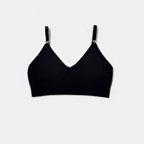 SASSH Essential Bralette in Black, front view, V-neck triangle style with ribbed underband and bow strap detail