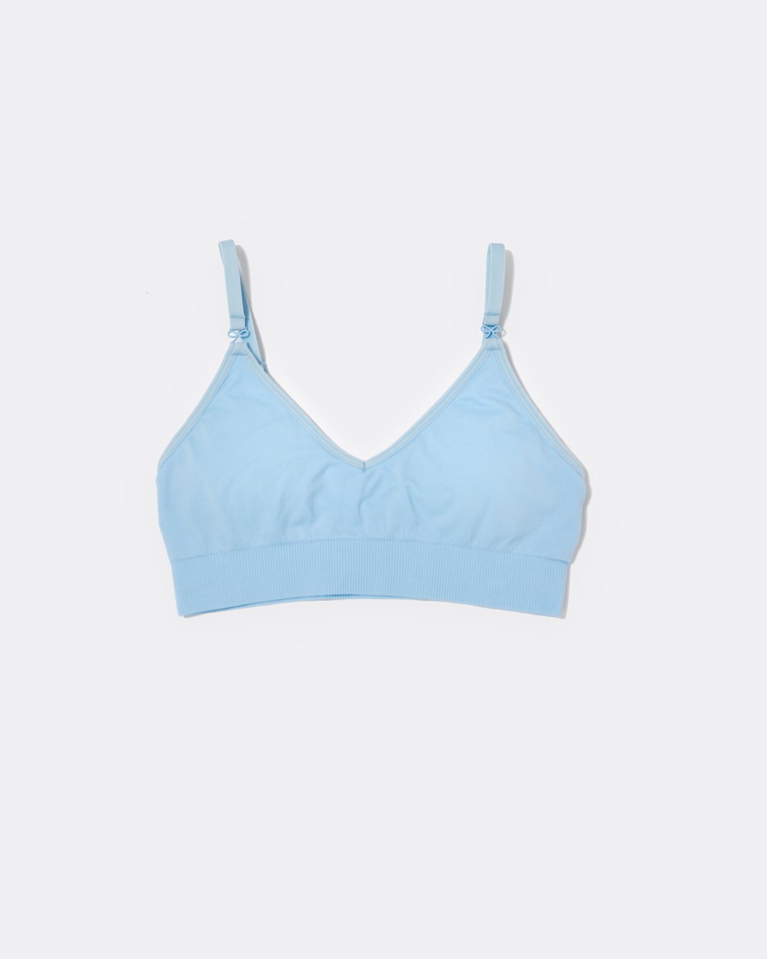 SASSH Essential Bralette in Blue, front view, V-neck triangle style with ribbed underband and bow strap detail