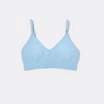 SASSH Essential Bralette in Blue, front view, V-neck triangle style with ribbed underband and bow strap detail