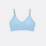 SASSH Essential Bralette in Blue, front view, V-neck triangle style with ribbed underband and bow strap detail