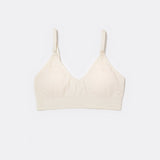 SASSH Essential Bralette in white, front view, V-neck triangle style with ribbed underband and bow strap detail
