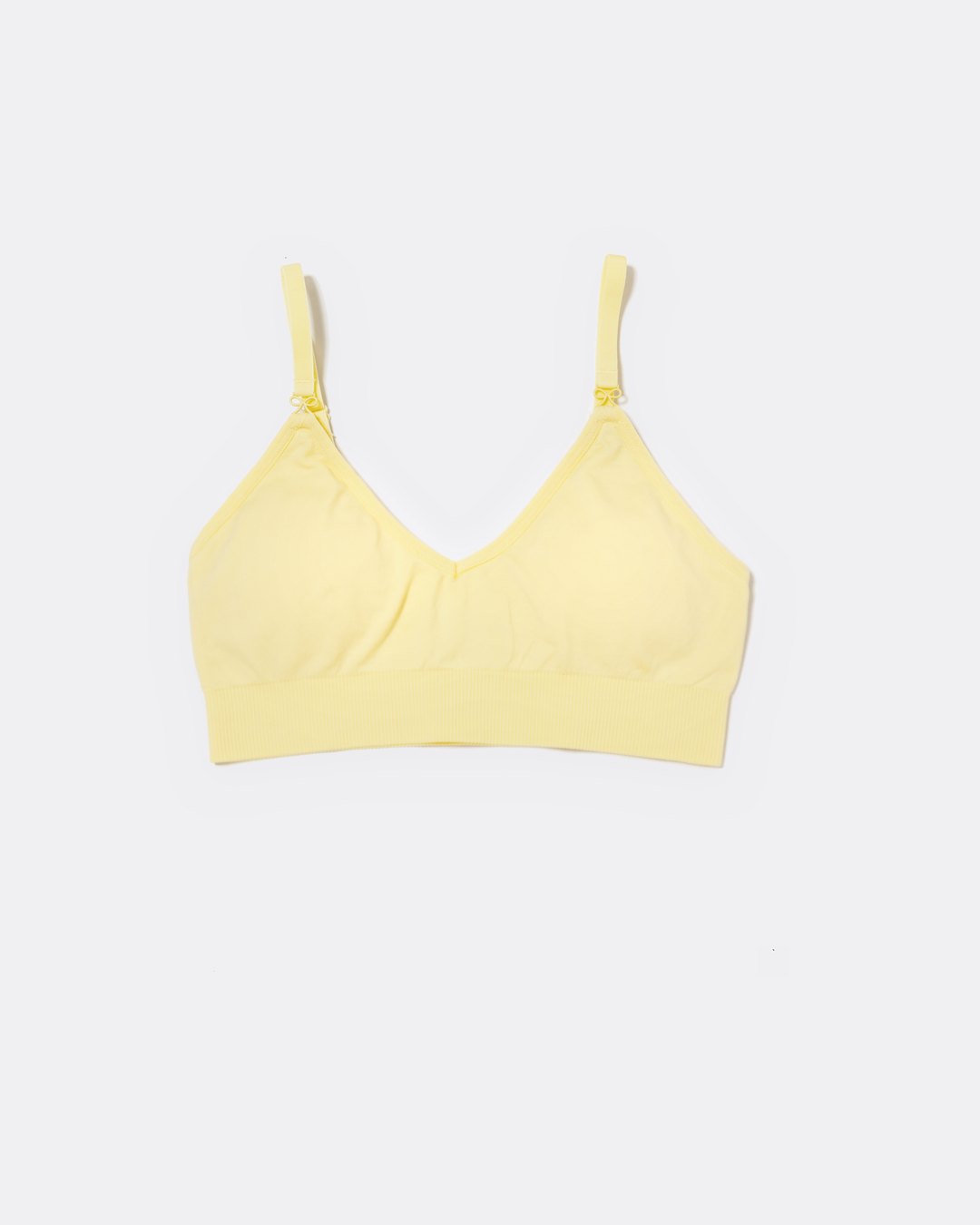 SASSH Essential Bralette in yellow, front view, V-neck triangle style with ribbed underband and bow strap detail