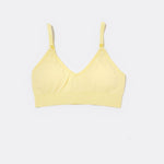 SASSH Essential Bralette in yellow, front view, V-neck triangle style with ribbed underband and bow strap detail