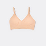 SASSH Essential Bralette in Peach, front view, V-neck triangle style with ribbed underband and bow strap detail