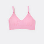 SASSH Essential Bralette in Pink, front view, V-neck triangle style with ribbed underband and bow strap detail