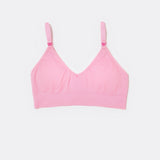 SASSH Essential Bralette in Pink, front view, V-neck triangle style with ribbed underband and bow strap detail